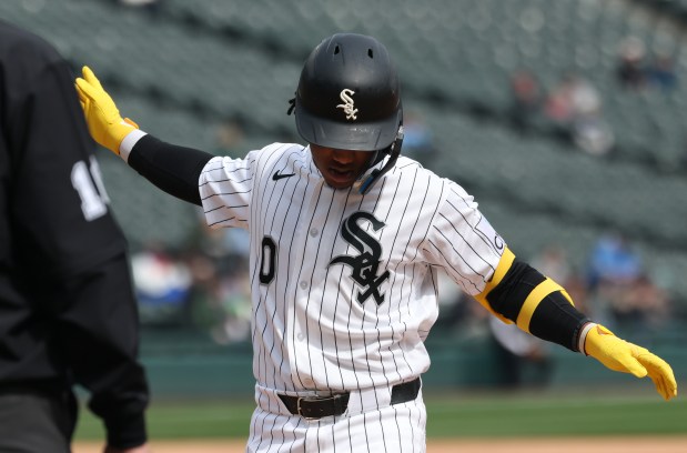 White Sox shortstop Luisangel Acuña celebrates after hitting an RBI single against the Orioles in the second inning at Rate Field on April 8, 2026, in Chicago. (John J. Kim/Chicago Tribune)