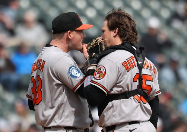 Orioles starting pitcher Kyle Bradish, left, and catcher Adley Rutschman talk on the mound in the second inning against the White Sox at Rate Field on April 8, 2026, in Chicago. (John J. Kim/Chicago Tribune)