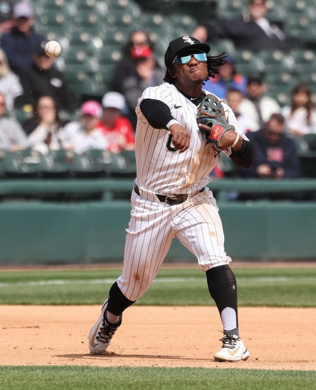 White Sox shortstop Luisangel Acuña throws to first base for an out against the Orioles in the third inning at Rate Field on April 8, 2026, in Chicago. (John J. Kim/Chicago Tribune)