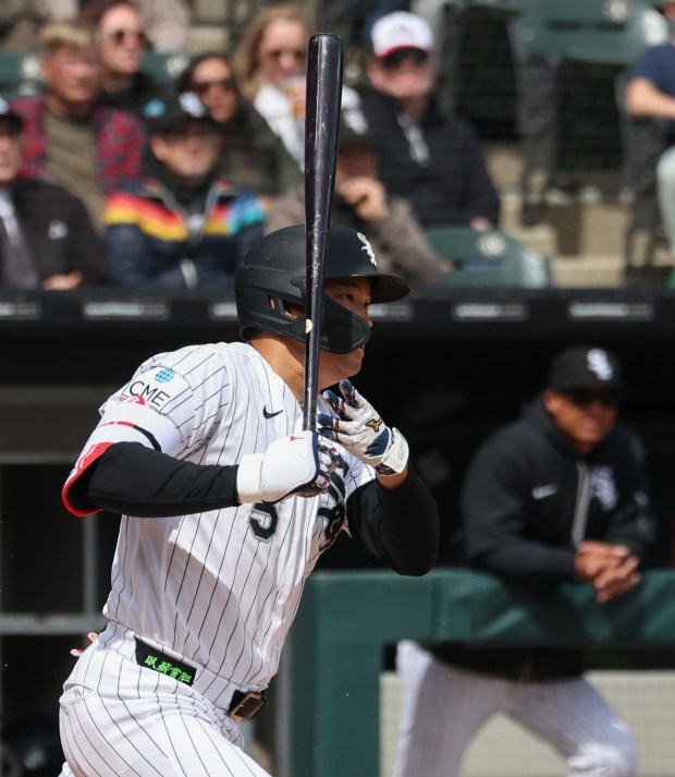 White Sox first baseman Munetaka Murakami swings through on a single against the Orioles in the third inning at Rate Field on April 8, 2026, in Chicago. (John J. Kim/Chicago Tribune)