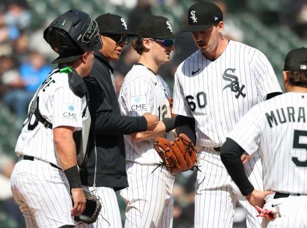 White Sox pitcher Bryan Hudson (60) enters the game with the bases loaded in the sixth inning against the Orioles at Rate Field on April 8, 2026, in Chicago. (John J. Kim/Chicago Tribune)