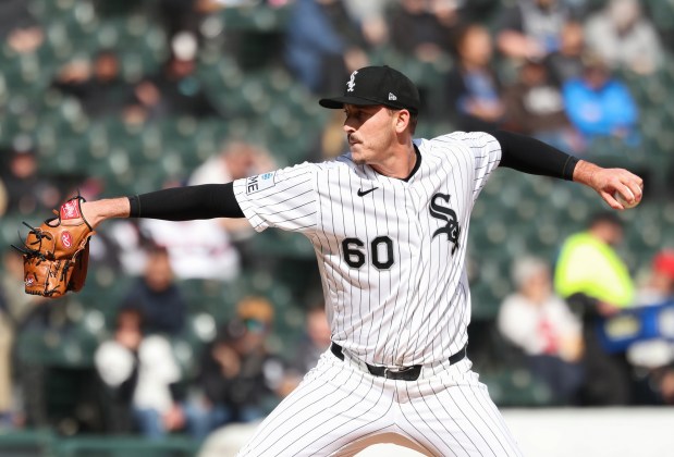 White Sox pitcher Bryan Hudson throws in the sixth inning against the Orioles at Rate Field on April 8, 2026, in Chicago. (John J. Kim/Chicago Tribune)