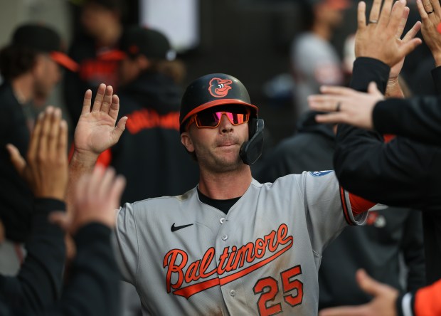 Orioles designated hitter Pete Alonso celebrates after scoring on a passed ball in the sixth inning against the White Sox at Rate Field on April 8, 2026, in Chicago. (John J. Kim/Chicago Tribune)