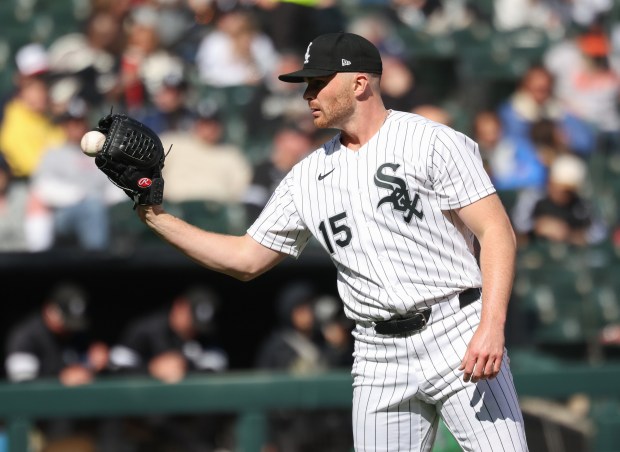 White Sox pitcher Sean Newcomb retrieves a ball in the seventh inning against the Orioles at Rate Field on April 8, 2026, in Chicago. (John J. Kim/Chicago Tribune)