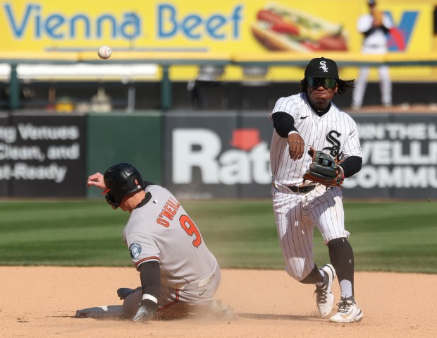 White Sox shortstop Luisangel Acuña throws to first base after forcing out Orioles right fielder Tyler O'Neill in an unsuccessful double play in the eighth inning at Rate Field on April 8, 2026, in Chicago. (John J. Kim/Chicago Tribune)