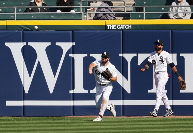 White Sox center fielder Tristan Peters throws a ball to the infield hit by Orioles left fielder Taylor Ward for an RBI double in the ninth inning at Rate Field on April 8, 2026, in Chicago. (John J. Kim/Chicago Tribune)