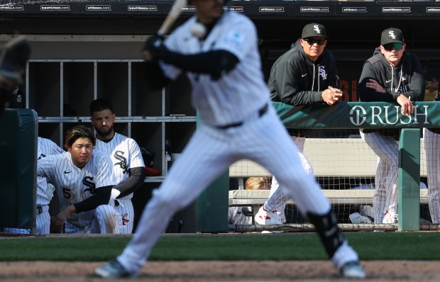 White Sox players and coaches watch designated hitter Miguel Vargas bat in the ninth inning against the Orioles at Rate Field on April 8, 2026, in Chicago. (John J. Kim/Chicago Tribune)
