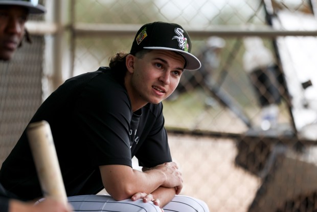 Chicago White Sox outfielder Brooks Baldwin sits in the dugout with teammates during spring training at Camelback Ranch in Glendale, Ariz., on Wednesday, Feb. 18, 2026. (Eileen T. Meslar/Chicago Tribune)
