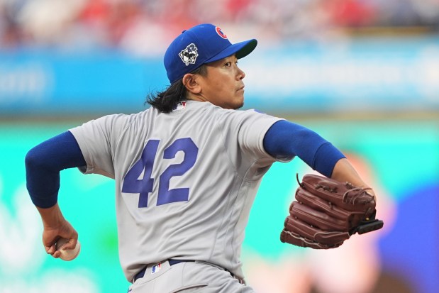 Cubs starter Shota Imanaga delivers during the first inning against the Phillies on April 15, 2026, in Philadelphia. (Matt Rourke/AP)