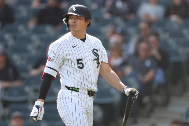 White Sox first baseman Munetaka Murakami walks back to the dugout after striking out against the Rays in the sixth inning April 16, 2026, at Rate Field. (Michael Reaves/Getty)