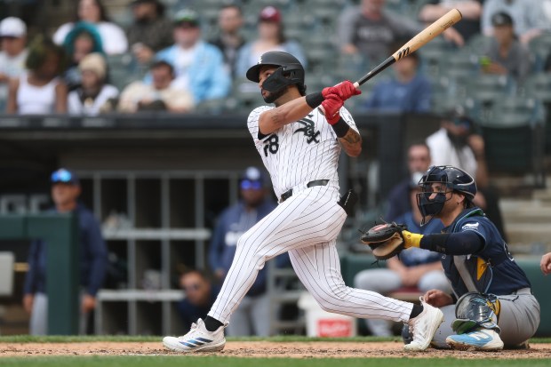White Sox right fielder Everson Pereira hits a home run against the Rays in the eighth inning on April 16, 2026, at Rate Field. (Michael Reaves/Getty)