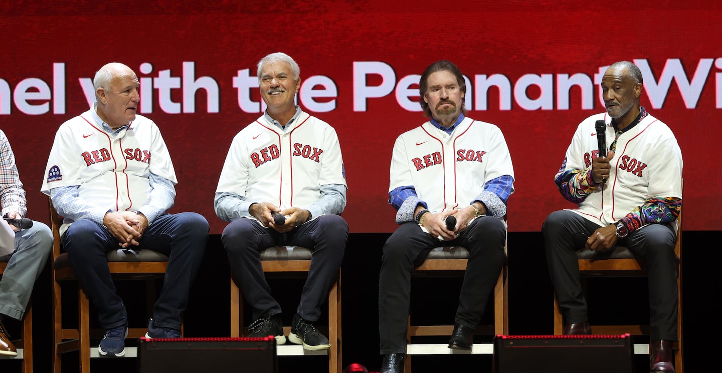 From left to right, 1986 Red Sox teammates Bob Stanley, Dwight Evans, Wade Boggs, and Jim Rice attended Fenway Fest earlier this year and will be at the ballpark Friday for Opening Day.