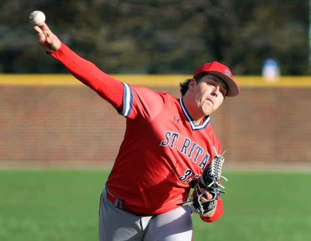 St. Rita's pitcher Will Rewers (35) during the game against Oak Forest in Chicago on Monday, April 6, 2026 (James C. Svehla / for Daily Southtown)
