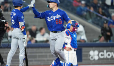 Apr 6, 2026; Toronto, Ontario, CAN; Los Angeles Dodgers catcher Dalton Rushing (68) hits a home run and celebrates with shortstop Hyeseong Kim (6) against the Toronto Blue Jays during the eighth inning at Rogers Centre. Mandatory Credit: Nick Turchiaro-Imagn Images