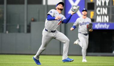 Apr 18, 2026; Denver, Colorado, USA; Los Angeles Dodgers infielder Alex Freeland (76) catches a fly ball in shallow right field during the fourth inning against the Colorado Rockies at Coors Field. Mandatory Credit: Christopher Hanewinckel-Imagn Images