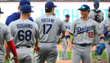 Apr 4, 2026; Washington, District of Columbia, USA; Los Angeles Dodgers left fielder Alex Call (12) and designated hitter Shohei Ohtani (17) react after defeating the Washington Nationals at Nationals Park. Mandatory Credit: Brad Mills-Imagn Images