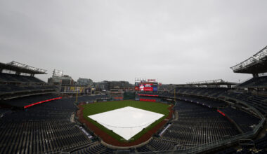 Apr 5, 2026; Washington, District of Columbia, USA; A general view of the field during a rain delay prior to the game between the Los Angeles Dodgers and Washington Nationals at Nationals Park. Mandatory Credit: Geoff Burke-Imagn Images