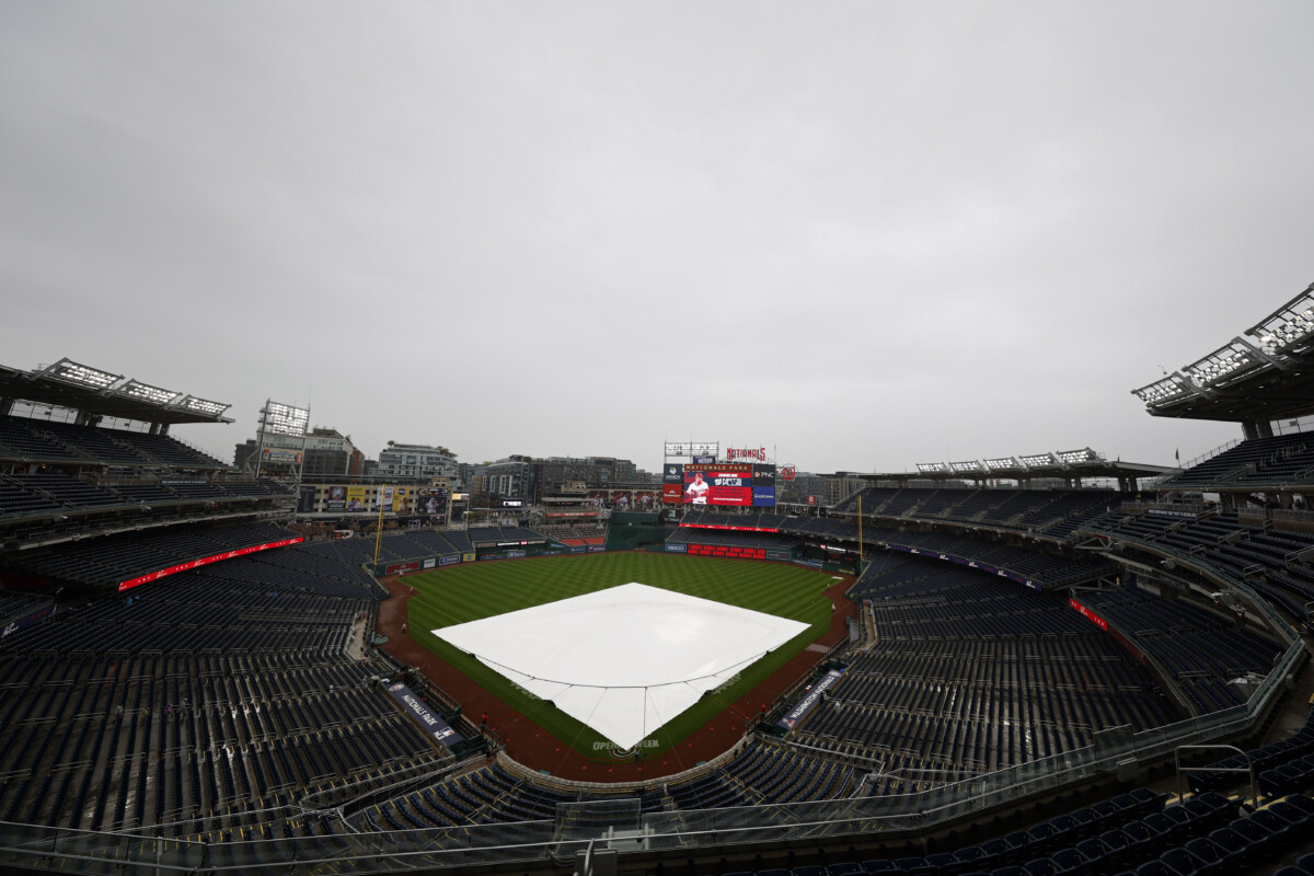 Apr 5, 2026; Washington, District of Columbia, USA; A general view of the field during a rain delay prior to the game between the Los Angeles Dodgers and Washington Nationals at Nationals Park. Mandatory Credit: Geoff Burke-Imagn Images