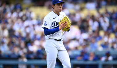 Apr 12, 2026; Los Angeles, California, USA; Los Angeles Dodgers pitcher Roki Sasaki (11) reacts after his last pitch thrown during the second inning against the Texas Rangers at Dodger Stadium. Mandatory Credit: Jonathan Hui-Imagn Images