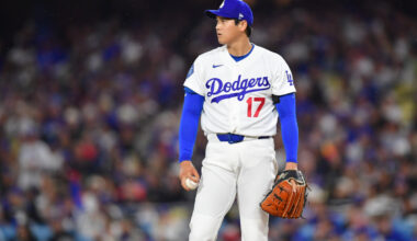 Mar 31, 2026; Los Angeles, California, USA; Los Angeles Dodgers two-way player Shohei Ohtani (17) looks out at the scoreboard during a challenge of a ball/strike call in the third inning against the Cleveland Guardians at Dodger Stadium. Mandatory Credit: Gary A. Vasquez-Imagn Images