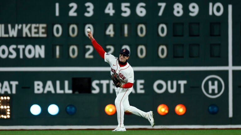 Boston Red Sox right fielder Roman Anthony (19) fields the ball during the eighth inning at Fenway Park on April 6, 2026 in Boston.