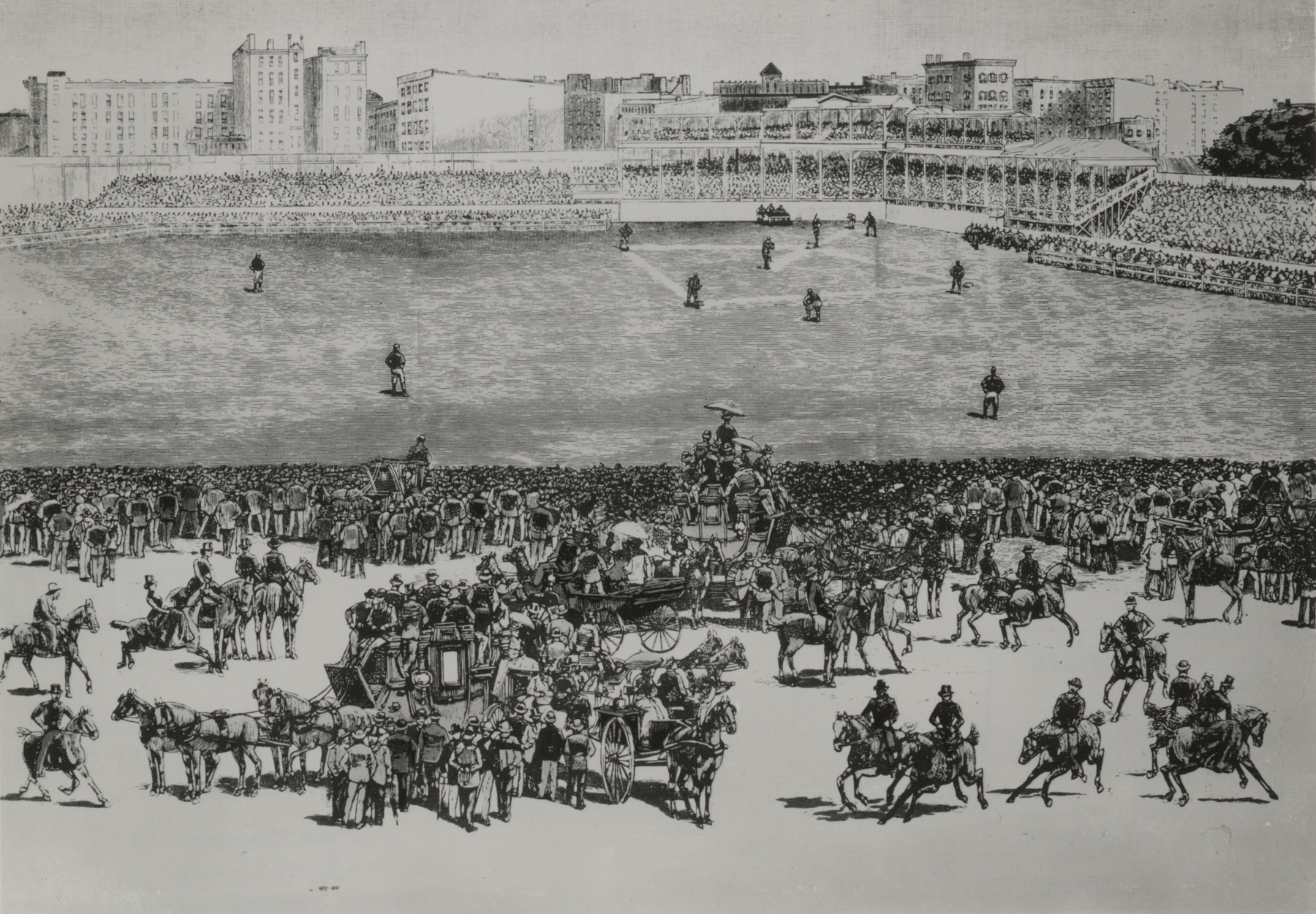 Black and white illustration of a crowded baseball stadium with spectators in the stands and people, horses, and carriages gathered on the field and foreground.