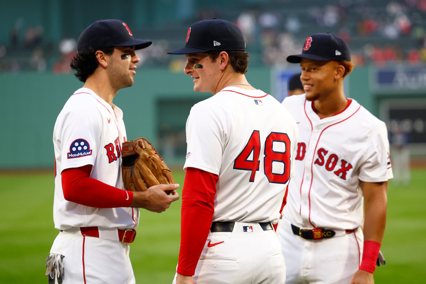 From left, Marcelo Mayer, Roman Anthony, and Kristian Campbell were playing together in Boston last June, but Campbell and his $60 million contract extension are with Triple-A Worcester now.