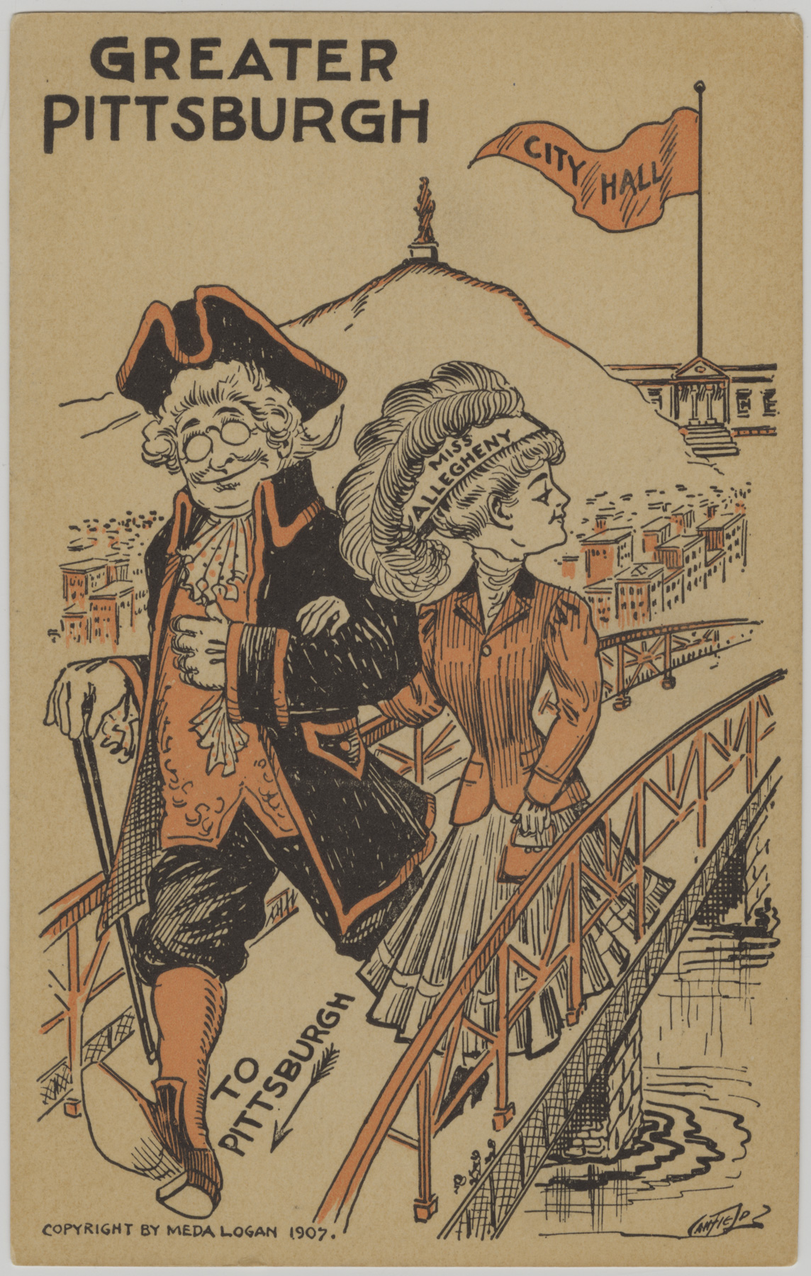 A man in colonial attire and a woman stand on a bridge labeled "To Pittsburgh," with a city scene and a "City Hall" flag on a hill in the background.