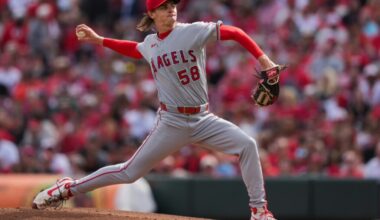 Apr 11, 2026; Cincinnati, Ohio, USA; Los Angeles Angels pitcher George Klassen (58) throws against the Cincinnati Reds in the first inning at Great American Ball Park. Mandatory Credit: Aaron Doster-Imagn Images