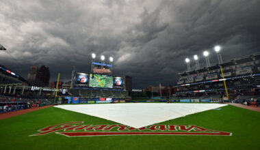 CLEVELAND, OHIO - AUGUST 23: The rain tarp sits on the infield of Progressive Field during the third inning of the game between the Cleveland Guardians and the Los Angeles Dodgers on August 23, 2023 in Cleveland, Ohio. The game was suspended in the third inning. (Photo by Jason Miller/Getty Images)