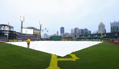 PITTSBURGH, PA - JUNE 05: Members of the grounds crew cover the field for a rain delay prior to the game between the Houston Astros and the Pittsburgh Pirates at PNC Park on Thursday, June 5, 2025 in Pittsburgh, Pennsylvania. (Photo by Rayni Shiring/MLB Photos via Getty Images)