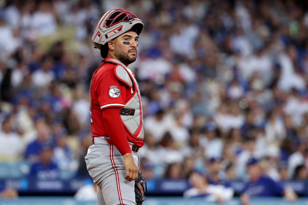 Jose Trevino #35 of the Cincinnati Reds looks on during the first inning against the Los Angeles Dodgers at Dodger Stadium on August 25, 2025 in Los Angeles, California.
