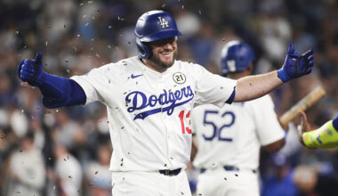 LOS ANGELES, CA - SEPTEMBER 15: Max Muncy #13 of the Los Angeles Dodgers celebrates with Teoscar Hernández #37 after hitting a solo home run in the fifth inning during the game between the Philadelphia Phillies and the Los Angeles Dodgers at Dodger Stadium on Monday, September 15, 2025 in Los Angeles, California. (Photo by Emma Sharon/MLB Photos via Getty Images)