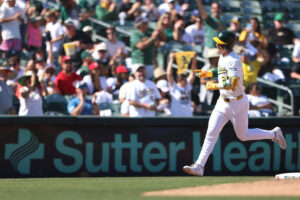 SACRAMENTO, CALIFORNIA - SEPTEMBER 14: Brent Rooker #25 of the Athletics jogs around the bases after hitting a solo home run during the bottom of the eighth inning against the Cincinnati Reds at Sutter Health Park on September 14, 2025 in Sacramento, California. (Photo by Scott Marshall/Getty Images)