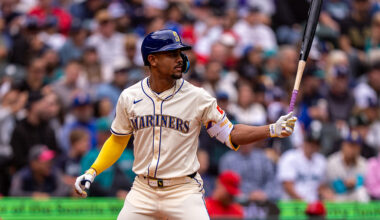 SEATTLE, WA - SEPTEMBER 14: Julio Rodriguez #44 of the Seattle Mariners waits for a pitch during an at-bat in a game against the Los Angeles Angels at T-Mobile Park on September 14, 2025 in Seattle, Washington. The Mariners won 11-2. (Photo by Stephen Brashear/Getty Images)