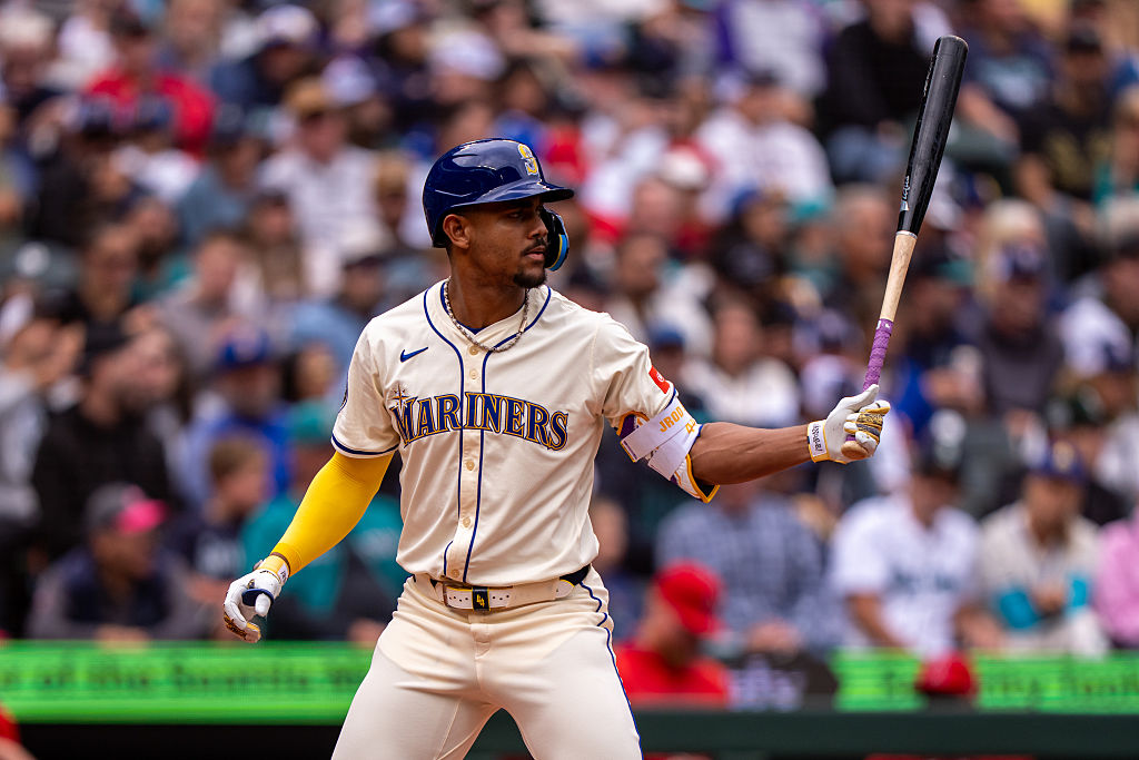 SEATTLE, WA - SEPTEMBER 14: Julio Rodriguez #44 of the Seattle Mariners waits for a pitch during an at-bat in a game against the Los Angeles Angels at T-Mobile Park on September 14, 2025 in Seattle, Washington. The Mariners won 11-2. (Photo by Stephen Brashear/Getty Images)