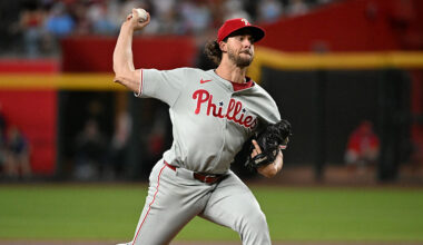 PHOENIX, ARIZONA - SEPTEMBER 20: Aaron Nola #27 of the Philadelphia Phillies delivers a first inning pitch against the Arizona Diamondbacks at Chase Field on September 20, 2025 in Phoenix, Arizona. (Photo by Norm Hall/Getty Images)