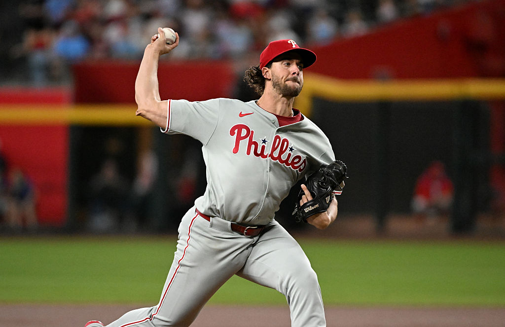 PHOENIX, ARIZONA - SEPTEMBER 20: Aaron Nola #27 of the Philadelphia Phillies delivers a first inning pitch against the Arizona Diamondbacks at Chase Field on September 20, 2025 in Phoenix, Arizona. (Photo by Norm Hall/Getty Images)