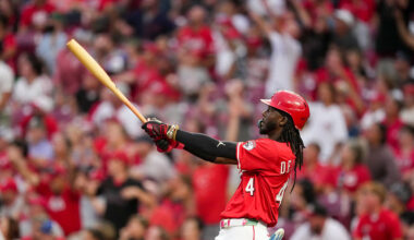 CINCINNATI, OHIO - SEPTEMBER 23: Elly De La Cruz #44 of the Cincinnati Reds hits a home run in the second inning against the Pittsburgh Pirates at Great American Ball Park on September 23, 2025 in Cincinnati, Ohio. (Photo by Dylan Buell/Getty Images)