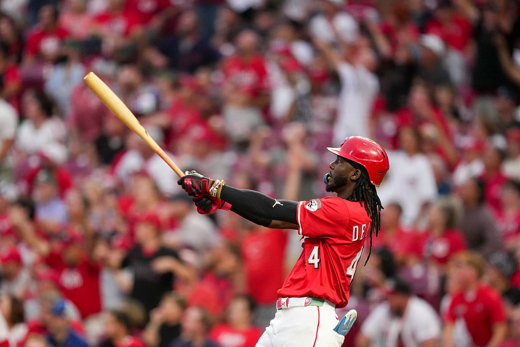 CINCINNATI, OHIO - SEPTEMBER 23: Elly De La Cruz #44 of the Cincinnati Reds hits a home run in the second inning against the Pittsburgh Pirates at Great American Ball Park on September 23, 2025 in Cincinnati, Ohio. (Photo by Dylan Buell/Getty Images)