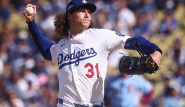 LOS ANGELES, CA - OCTOBER 09: Tyler Glasnow #31 of the Los Angeles Dodgers pitches during Game Four of the National League Division Series presented by Booking.com between the Philadelphia Phillies and the Los Angeles Dodgers at Dodger Stadium on Thursday, October 9, 2025 in Los Angeles, California. (Photo by Katelyn Mulcahy/MLB Photos via Getty Images)