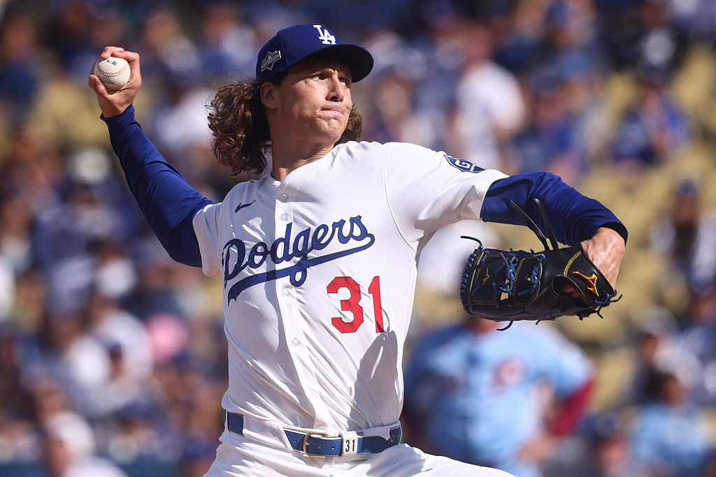 LOS ANGELES, CA - OCTOBER 09: Tyler Glasnow #31 of the Los Angeles Dodgers pitches during Game Four of the National League Division Series presented by Booking.com between the Philadelphia Phillies and the Los Angeles Dodgers at Dodger Stadium on Thursday, October 9, 2025 in Los Angeles, California. (Photo by Katelyn Mulcahy/MLB Photos via Getty Images)