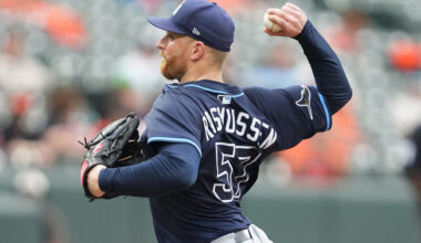 BALTIMORE, MD - SEPTEMBER 25: Drew Rasmussen #57 of the Tampa Bay Rays pitches during a baseball game against the Baltimore Orioles at the Oriole Park at Camden Yards on September 25, 2025 in Baltimore, Maryland.