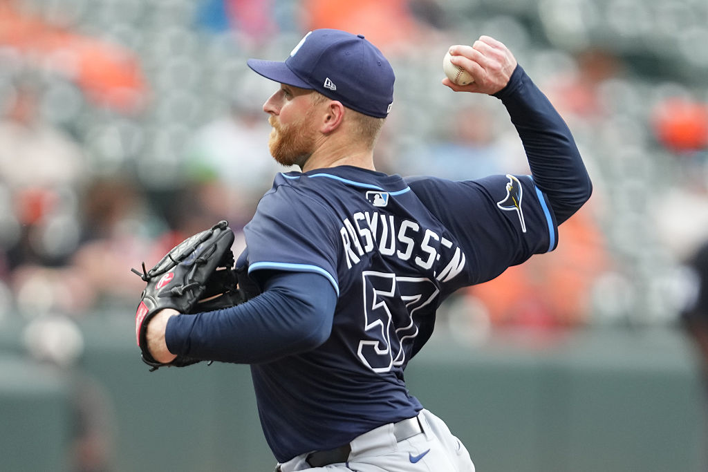 BALTIMORE, MD - SEPTEMBER 25: Drew Rasmussen #57 of the Tampa Bay Rays pitches during a baseball game against the Baltimore Orioles at the Oriole Park at Camden Yards on September 25, 2025 in Baltimore, Maryland.