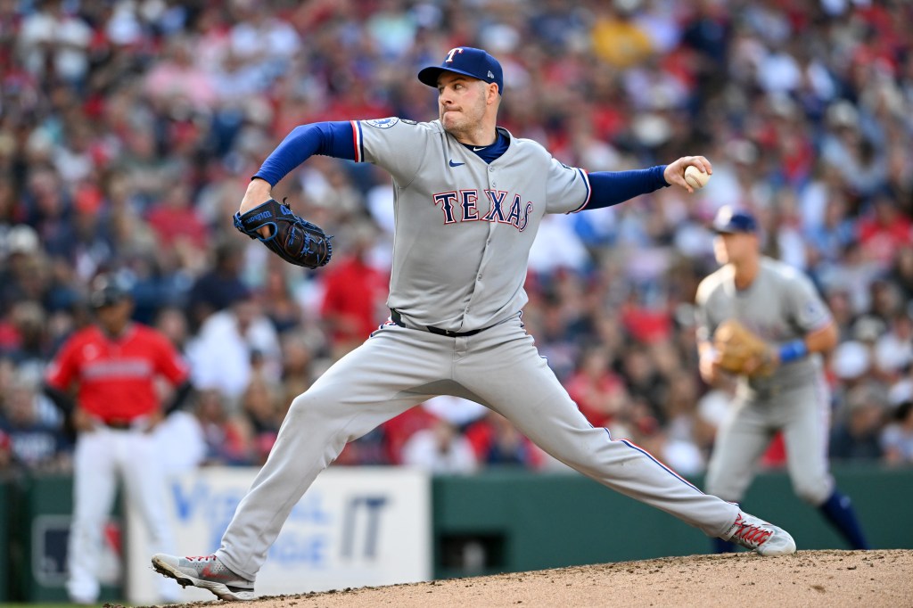 Patrick Corbin #46 of the Texas Rangers throws a pitch during the fourth inning against the Cleveland Guardians at Progressive Field on September 28, 2025 in Cleveland, Ohio. 