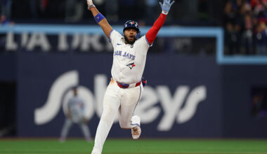 TORONTO, ONTARIO - NOVEMBER 01: Vladimir Guerrero Jr. #27 of the Toronto Blue Jays celebrates after Bo Bichette #11 hits a three-run home run against Shohei Ohtani #17 of the Los Angeles Dodgers during the third inning in game seven of the 2025 World Series at Rogers Center on November 01, 2025 in Toronto, Ontario. (Photo by Gregory Shamus/Getty Images)