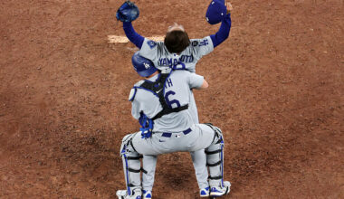 TORONTO, ONTARIO - NOVEMBER 02: (L-R) Yoshinobu Yamamoto #18 and Will Smith #16 of the Los Angeles Dodgers celebrate after defeating the Toronto Blue Jays 5-4 in game seven of the 2025 World Series at Rogers Center on November 02, 2025 in Toronto, Ontario. (Photo by Patrick Smith/Getty Images)