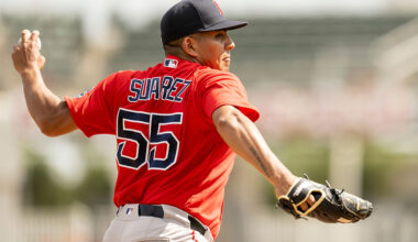 Ranger Suarez pitching for the Boston Red Sox during an MLB game