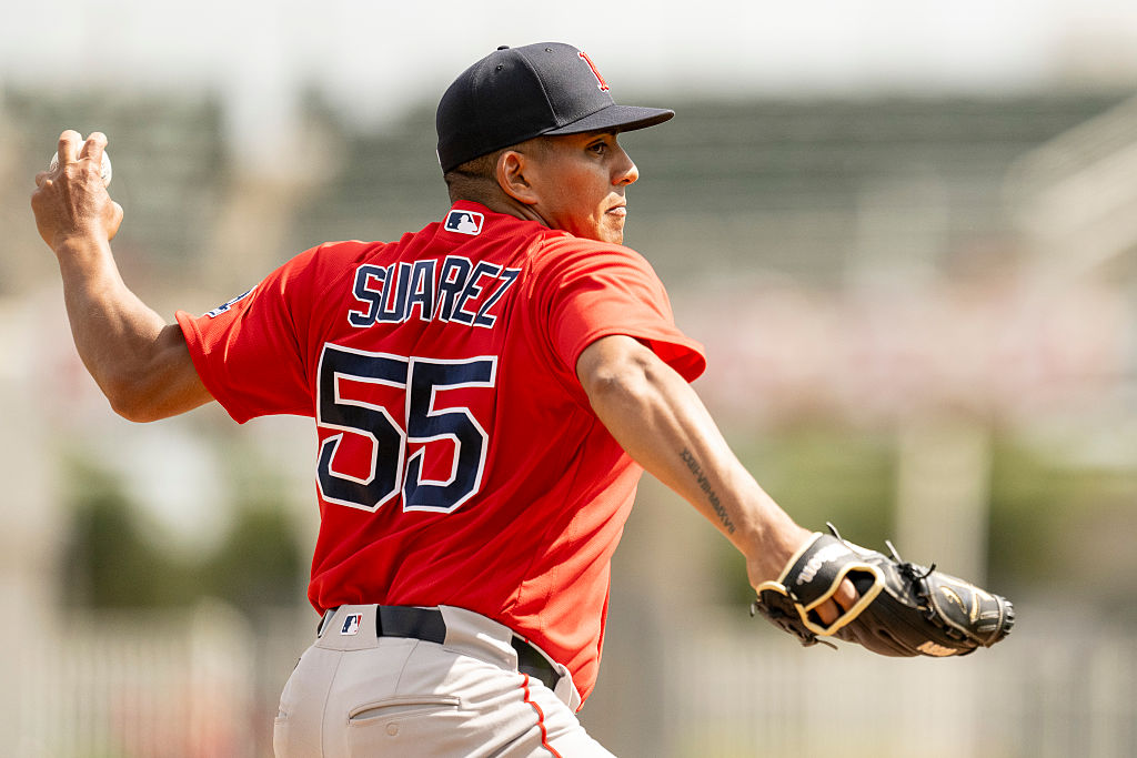 Ranger Suarez pitching for the Boston Red Sox during an MLB game