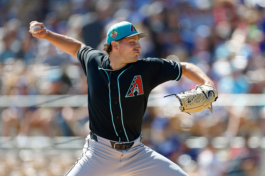 GLENDALE, ARIZONA - MARCH 10: Brandon Pfaadt #32 of the Arizona Diamondbacks throws a pitch during a Spring Training game against the Los Angeles Dodgers at Camelback Ranch on March 10, 2026 in Glendale, Arizona. (Photo by Brandon Sloter/Getty Images)